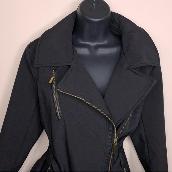 Small Avanti Black Belted Jacket Gold Zippers Faux Leather Trim Collar Lined - Picture 10 of 14